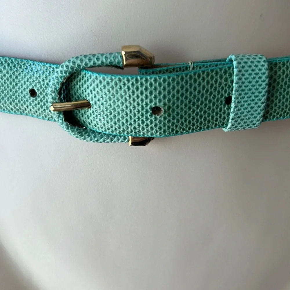 VTG 80s Genuine Reptile Skin Belt Emerald Aqua Green Brass Buckle Canada Size M